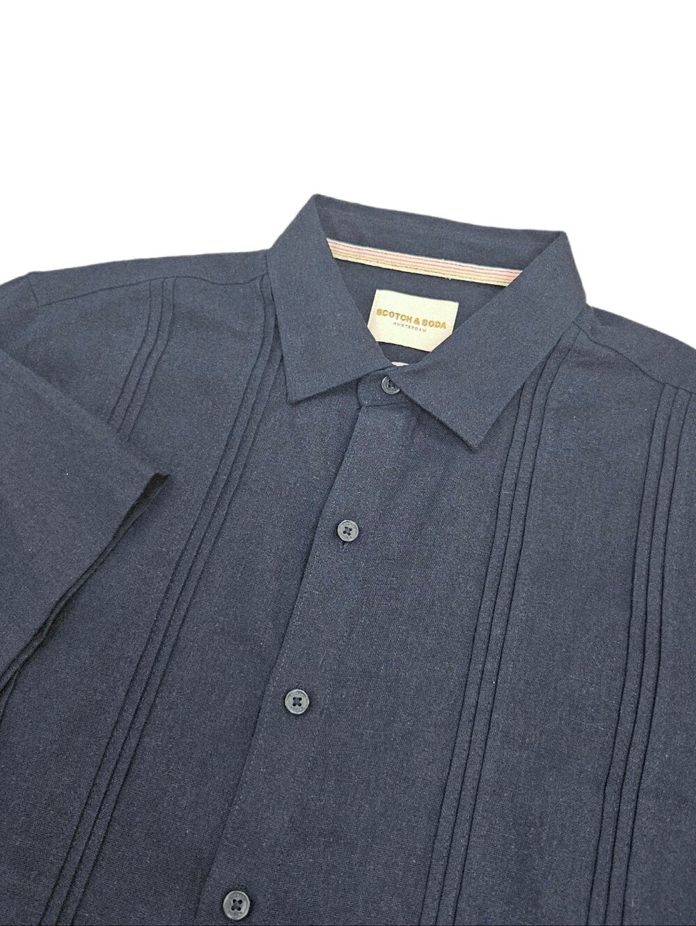 Scotch & Soda Shirt Mens L Navy Blue Linen Blend Pintuck Button Preppy Coastal